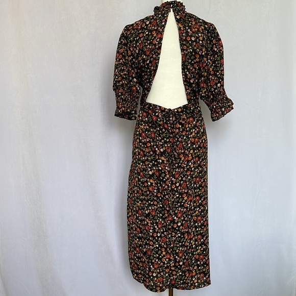 Max + Ash Black Ditzy Floral Print Midi Dress Size XL Puff Sleeve High Neck NWT - Picture 5 of 15